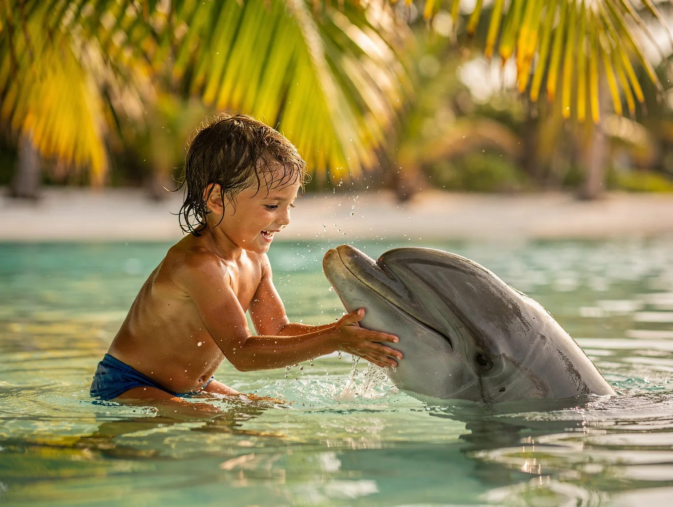 Child interacting with a dolphin in a shallow pool