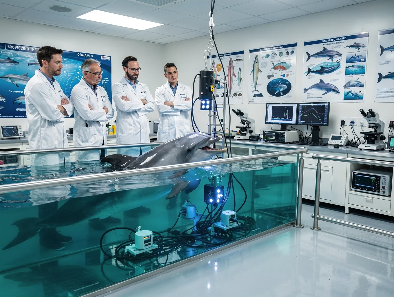 Researchers observing dolphin behavior in the park