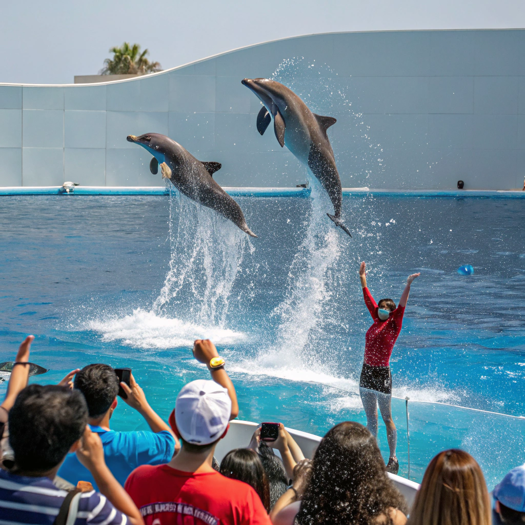 Dolphin performing a graceful jump in the main pool